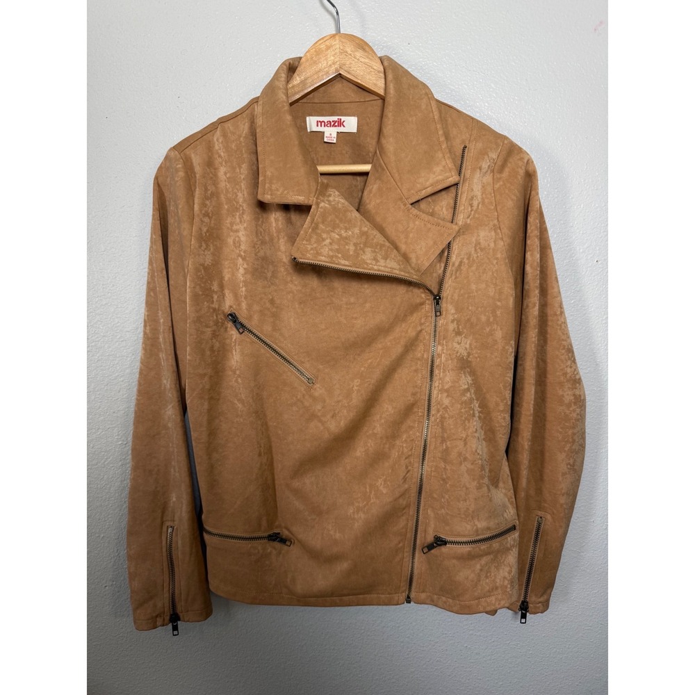 Mazik Women Tan Faux Suede Asymmetrical Zip Moto Biker Jacket Small MK2214
